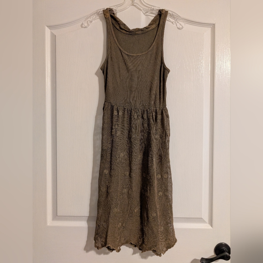 Olive Green Top Knit & Bottom Mesh Embroidered Dress W/Emb. Mesh Hoodie